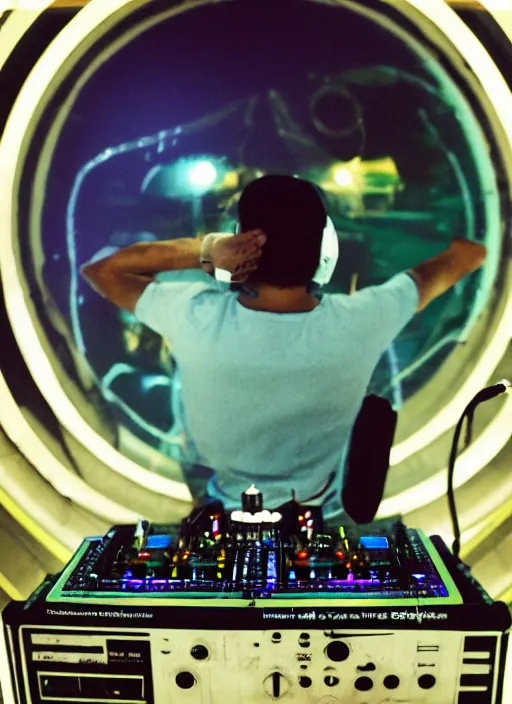 Prompt: analogue photo of an Tribal DJ entertaining crowd on a spaceship, planet earth can be seen from spaceship window, wide angle,