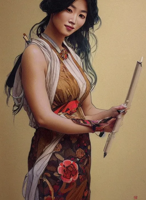 Image similar to a painting of a beautiful 35 year old Asian woman with tanned skin and traditional dress holding a pen by Artgerm and Greg Rutkowski and Alphonse Mucha, dramatic studio lighting