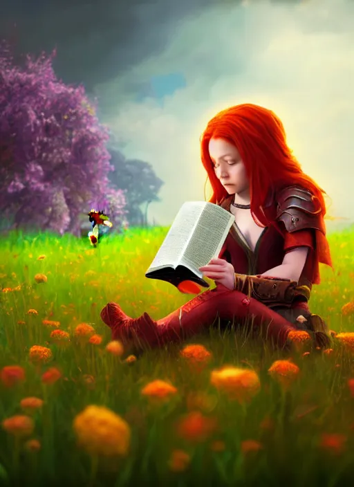 Image similar to An epic fantasy comic book style portrait painting of a young red headed girl reading a book in a field of flowers surrounded by bees, unreal 5, DAZ, hyperrealistic, octane render, cosplay, RPG portrait, dynamic lighting