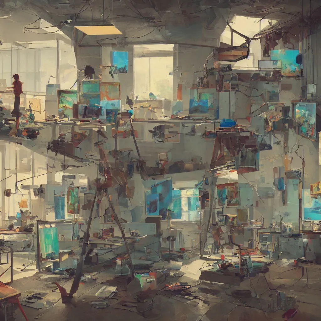 Image similar to an art studio in a painting from stalenhag, 4 k, 8 k, hdr, artstation, concept art