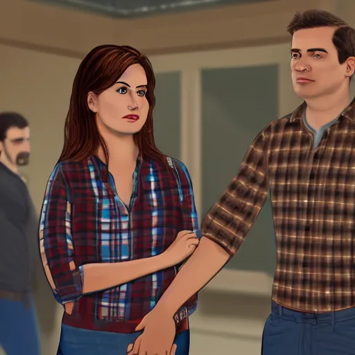 Image similar to On the right there is a brown-haired man wearing a blue plaid shirt holding the hand of a brown-haired woman wearing a light blue blouse and jeans and looking at him angrily, The man is looking behind him and whistling appreciatively at a blurred woman wearing a red sleeveless dress in the foreground, intricate, elegant, highly detailed, digital painting, artstation, concept art, smooth, sharp focus, illustration, art by artgerm and greg rutkowski and alphonse mucha and andrei riabovitchev