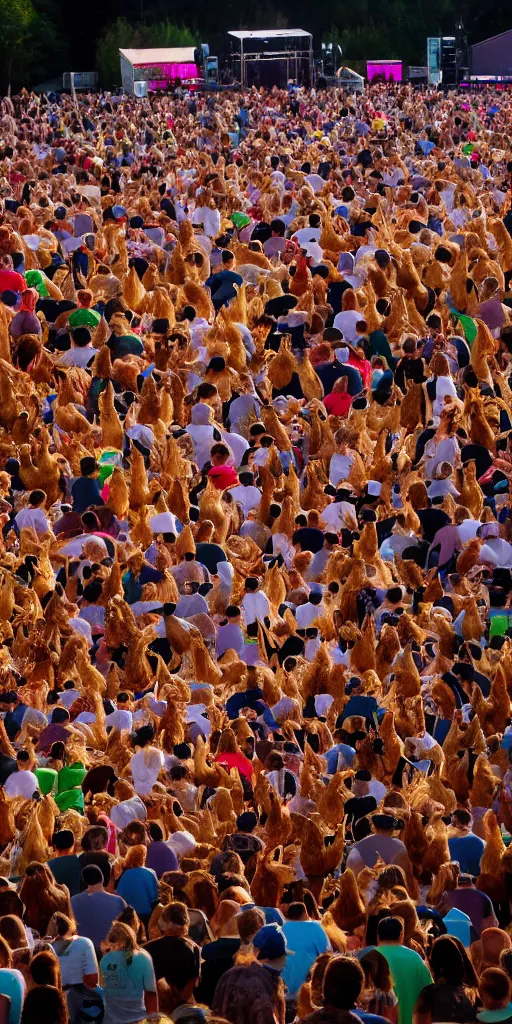 Prompt: music festival with chicken as audience and rooster band playing guitars on the stage. concert photography.