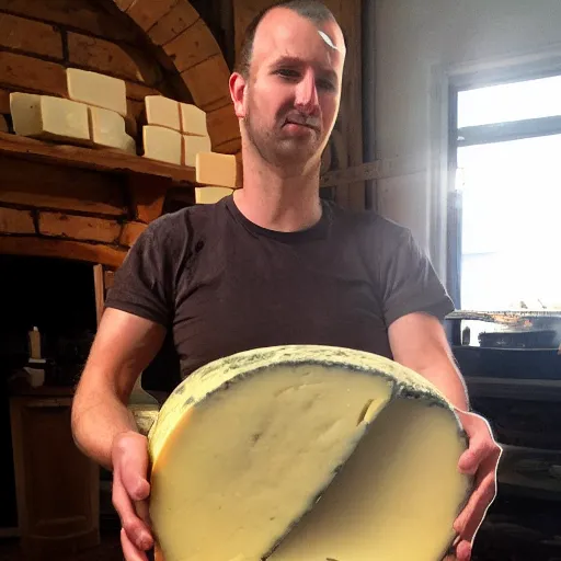 Image similar to simon whistler eating a large wheel of cheese,