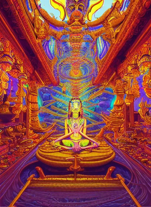 Image similar to breathtakingly beautiful ultrawide angle colour masterpiece weird dream, low angle view from inside a hindu temple, figure meditating close shot, strange beautiful cybertronic temple, incredible sense of depth and perspective and clarity, hyperrealism, realistic, dramatic lighting, leds, arch, symmetry symmetrical, alex grey and moebius and studio ghibli, 8 k