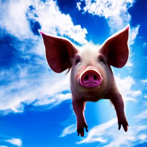 Image similar to pig flying with angel wings in a blue sky dramatic lighting