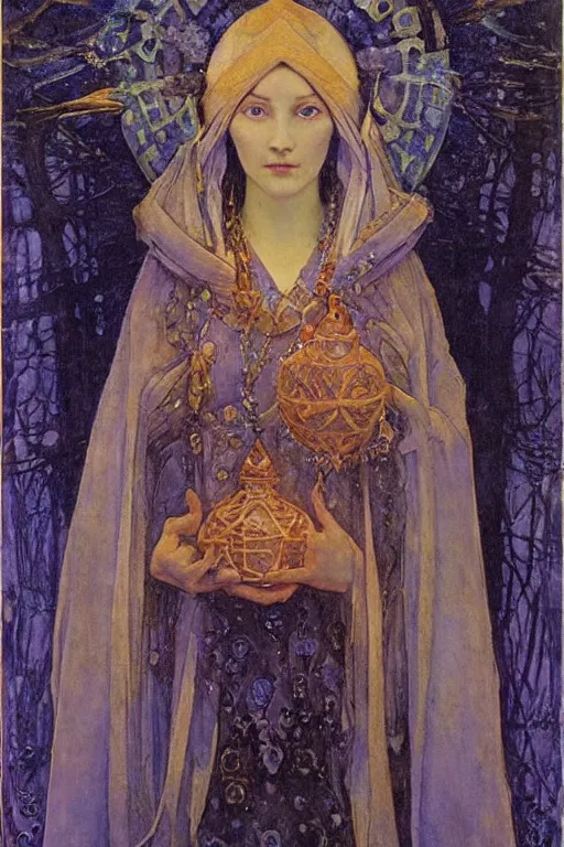 Image similar to queen of the winter with her lantern, by Annie Swynnerton and Nicholas Roerich and jean delville, dramatic cinematic lighting , ornate headdress , flowing robes, lost civilizations, smooth, sharp focus, extremely detailed