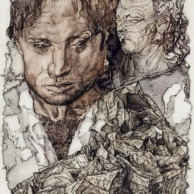 Prompt: a detailed, intricate watercolor and ink portrait illustration with fine lines of ryback wwe wrestler looking over his shoulder, eating potato chips from a bag!, by arthur rackham and edmund dulac and lisbeth zwerger