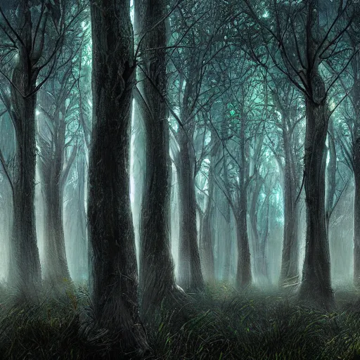 Prompt: a cyberpunk forest, digital art, hyper realism