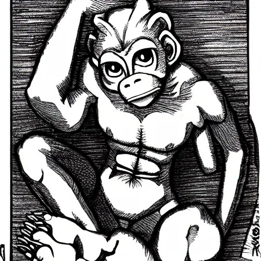 Image similar to cute monkeyman. anime thick linework by kentato miura and hayao miyazaki.