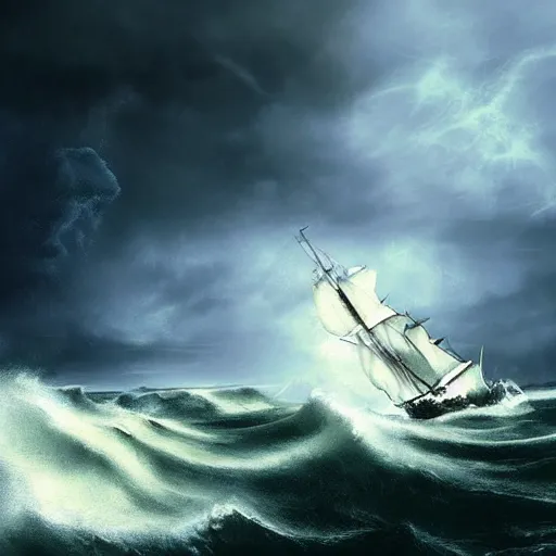 Prompt: a majestic ship sinking in a raging storm, dark mood, amazing lighting, highly detailed