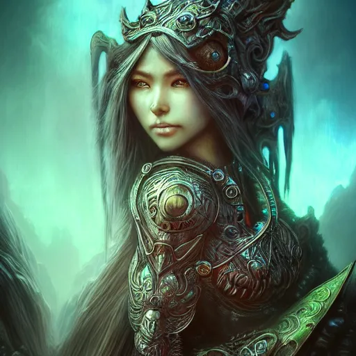 Image similar to a highly detailed long shot photo of chthonic warcraft female character by ayami kojima, beksinski, giger, intricate, digital painting, artstation, intricate, concept art, smooth, sharp focus, illustration