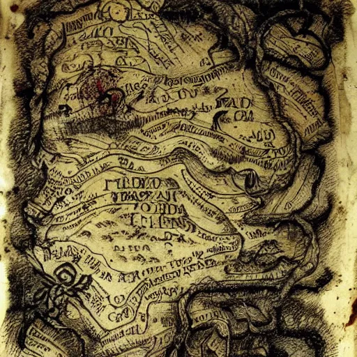 Prompt: an old treasure map covered in blood and black ink.