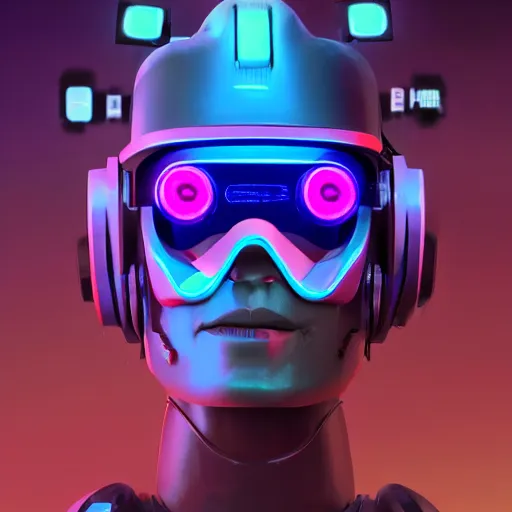 Prompt: cyberpunk concept bot, cinema 4 d, galaxy, mars, ufo, space sci - fi, wearing vr goggles, illustration, portrait, pastel neon textured background night, trending on artstation, greg rutkowski, octane rendered, 1 2 k, detailed,