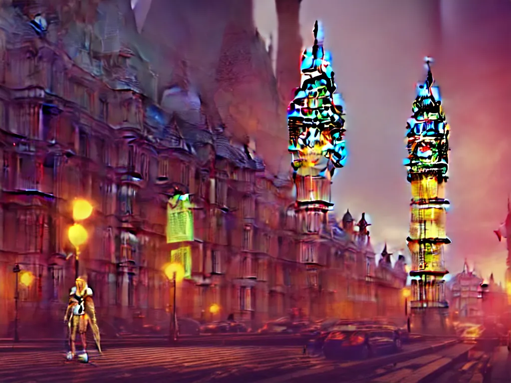 Image similar to a giant ancient beautiful cyborg of the elder gods with pipes and tubes in the city of London, London streets with bigben in the background, colourful, dramatic lighting, golden hour, very detailed octane render very realistic beautiful