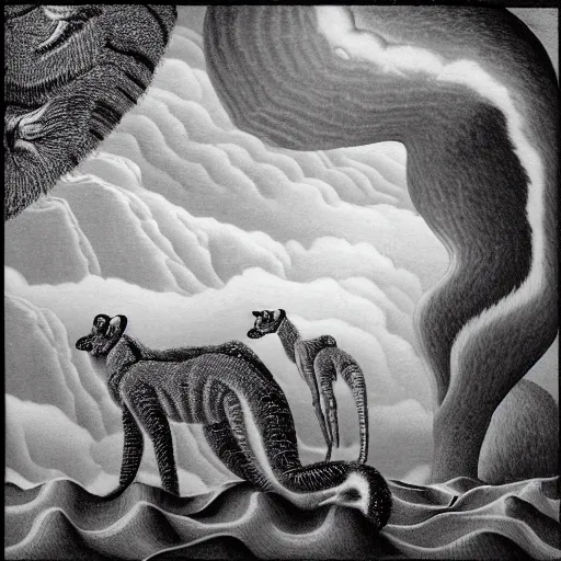 Prompt: crystalline lemur falls in love with a zebra - headed woman on a sea of clouds, mc escher