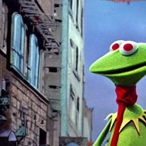 Prompt: A film still of Kermit the frog in The Triplets of Belleville (2003)