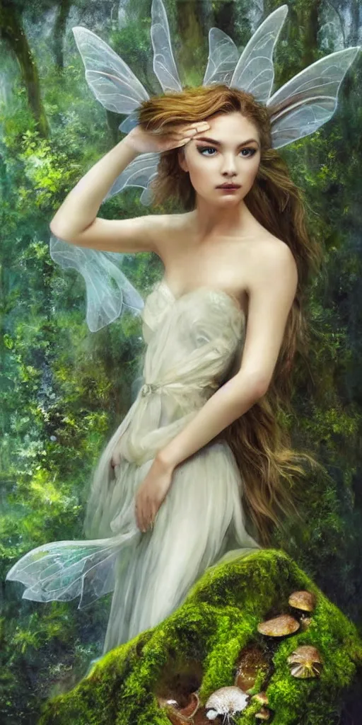 Image similar to epic oil painting of a beautiful fairy with a beautiful face and flawless skin wearing a gauze dress, landing on a mushroom in the forest, moss, fog