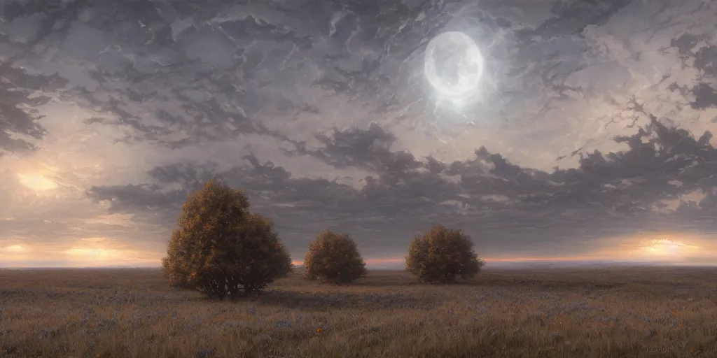 Prompt: the cloudy moonlit sky, landscape art by donato giancola and greg rutkowski, digital art, trending on artstation, symmetry!!, volumetric lighting, moody lighting, hdr