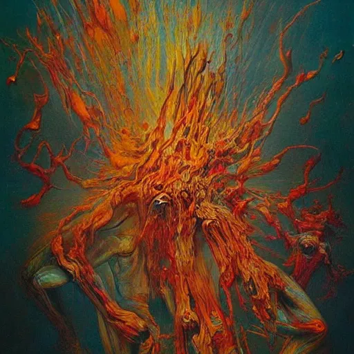 Image similar to a devouring abstract splatters of paint in the style of francis bacon, engulfing flames in the style of james jean, surreal, beksinski, high detailed