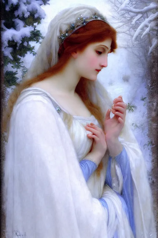 Prompt: snow queen, painting by rossetti bouguereau, detailed art, artstation
