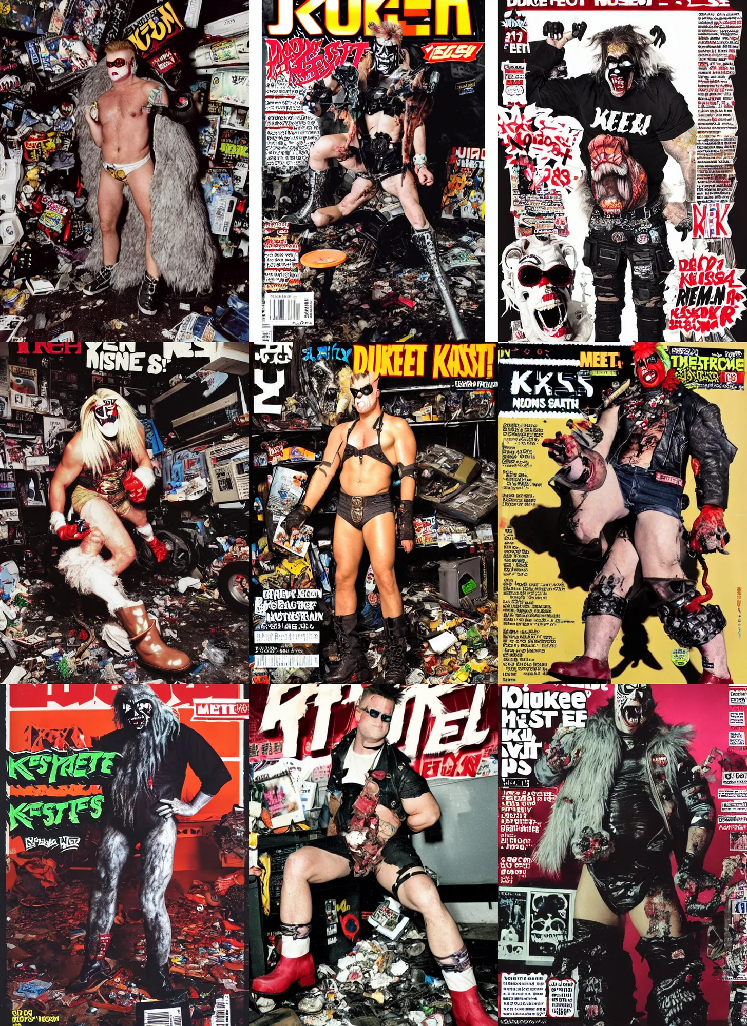 Prompt: photo of Duke Nukem wearing ripped up dirty Swear kiss monster teeth yeti platform boots in the style of Ryan Trecartin in the style of 1990's FRUiTS magazine 20471120 in japan in a dirty dark dark dark poorly lit bedroom full of trash and garbage server racks and cables everywhere in the style of Juergen Teller in the style of Shoichi Aoki, japanese street fashion, KEROUAC magazine, Walter Van Beirendonck W&LT 1990's, Vivienne Westwood, y2K aesthetic