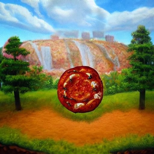 Image similar to highly detailed, high resolution, hyper realistic, 8 k, trending on artstation, landscape nature painting, trees made out of pizza, ground is made of cheese and pepperoni, waterfall made of marinara sauce