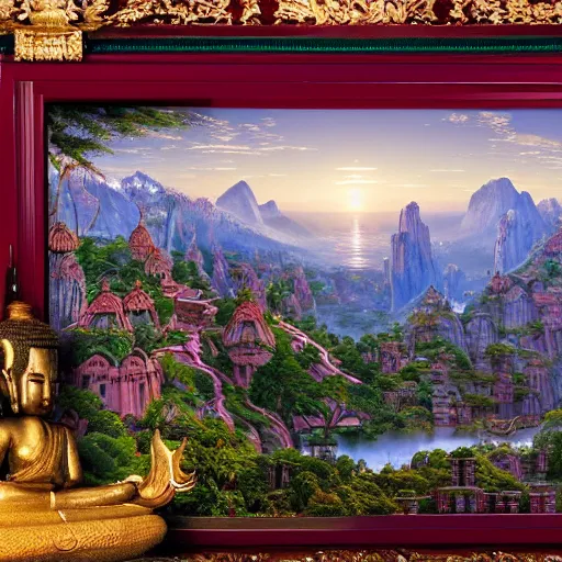 Image similar to a beautiful and highly detailed matte painting of a colorful yet humble buddhist temple and fort built of large stones in the distance high in the most epic mountains ever, intricate details, epic scale, insanely complex, 8 k, sharp focus, hyperrealism, very realistic, by caspar friedrich, greg rutowski, james gurney, hudson river school