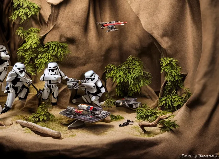 Image similar to a detailed photo of a realistic diorama with star wars toys, macro photography, zoom, model trees, table, studio lighting