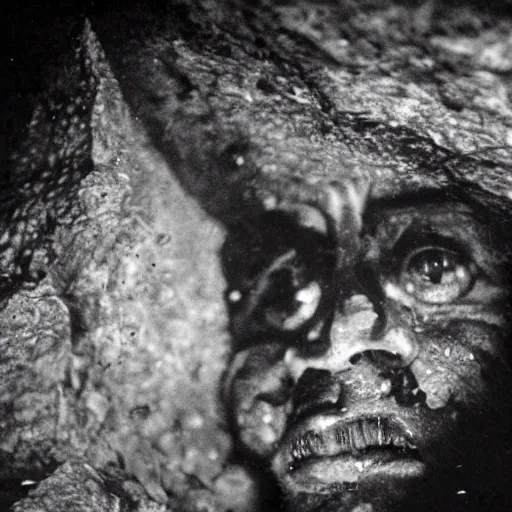 Image similar to photo inside a cavern of a wet reptilian humanoid charles mingus partially hidden behind a rock, with black eyes, open mouth and big teeth