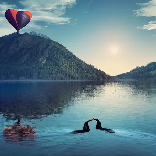 Image similar to photo of two black swans swimming in a beautiful reflective mountain lake, touching heads, forming a heart with their necks, a colorful hot air balloon is flying above the swans, hot air balloon, intricate, portrait, 8k highly professionally detailed, HDR, CGsociety, octane render, 4k