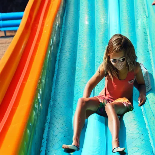 Prompt: a girl finds a snake on a water slide