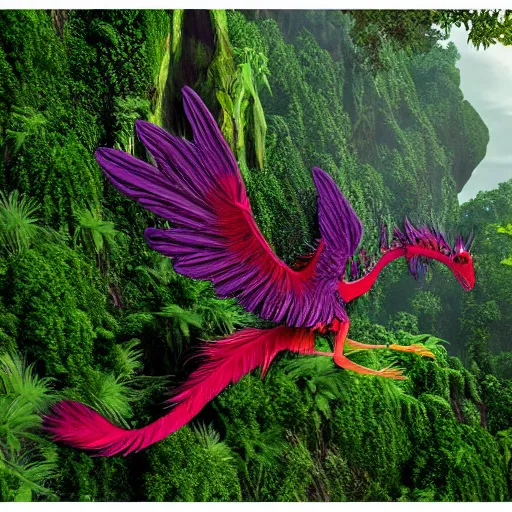 Image similar to a feather dragon with wings spread out and an open mouth flying over high cliffs and jungles with large trees and vines, fantasy, 8k, realistic