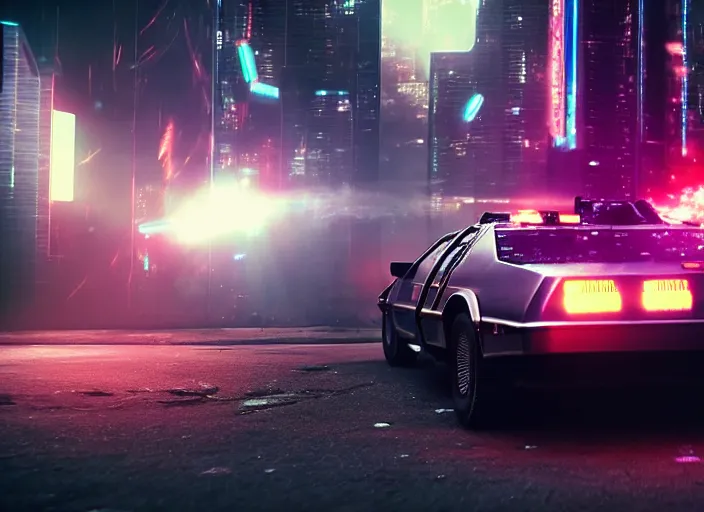 Image similar to a cyberpunk delorean breaking the space - time continuum, energy and time particles, dramatic framing, movie footage, 8 k