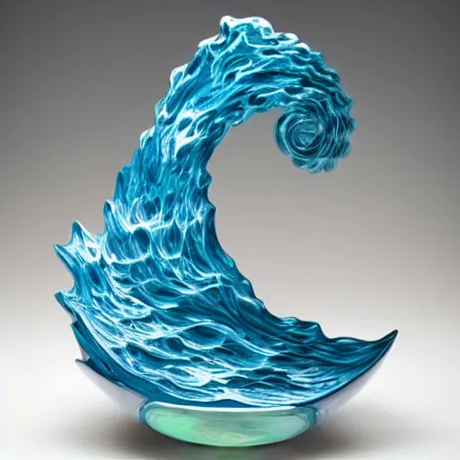 Prompt: a blown glass sculpture of a wave on a table in the style of The Great Wave off Kanagawa, trending on artstation