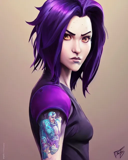 Image similar to beautiful female purple hair with dagger tattoo symmetrical face eyes full length fantasy art apex fortnite Video game icon, 2d game art gta5 cover , official fanart behance hd artstation by Jesper Ejsing, by RHADS, Makoto Shinkai and Lois van baarle, ilya kuvshinov, rossdraws