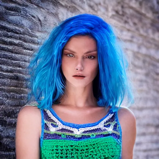 Image similar to A photo of a caucasian female model with blue hair wearing a crocheted croptop.