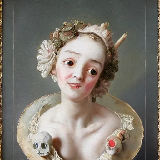 Image similar to a girl made from teeth and bones, painting by francois boucher, sad googly eyes