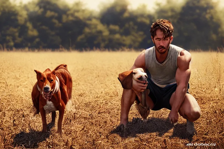 Prompt: a cinematic headshot portrait of a farmer, working out in the field, a dog in the background, movie still, shallow depth of field, muted colors, by krenz cushart