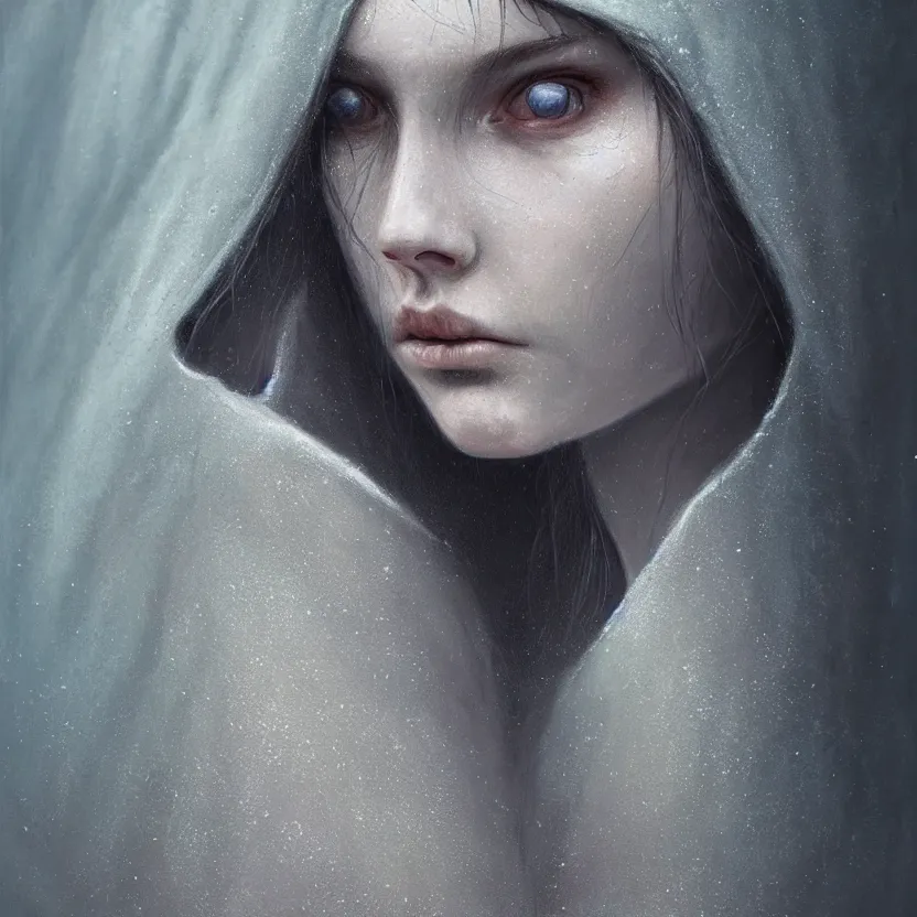 Image similar to Portrait of a young woman wearing a hooded robe, cinematic lighting, unique, intricate, elegant, highly detailed digital painting, trending on Artstation, concept art, smooth, sharp focus, illustration and art by Beksinski