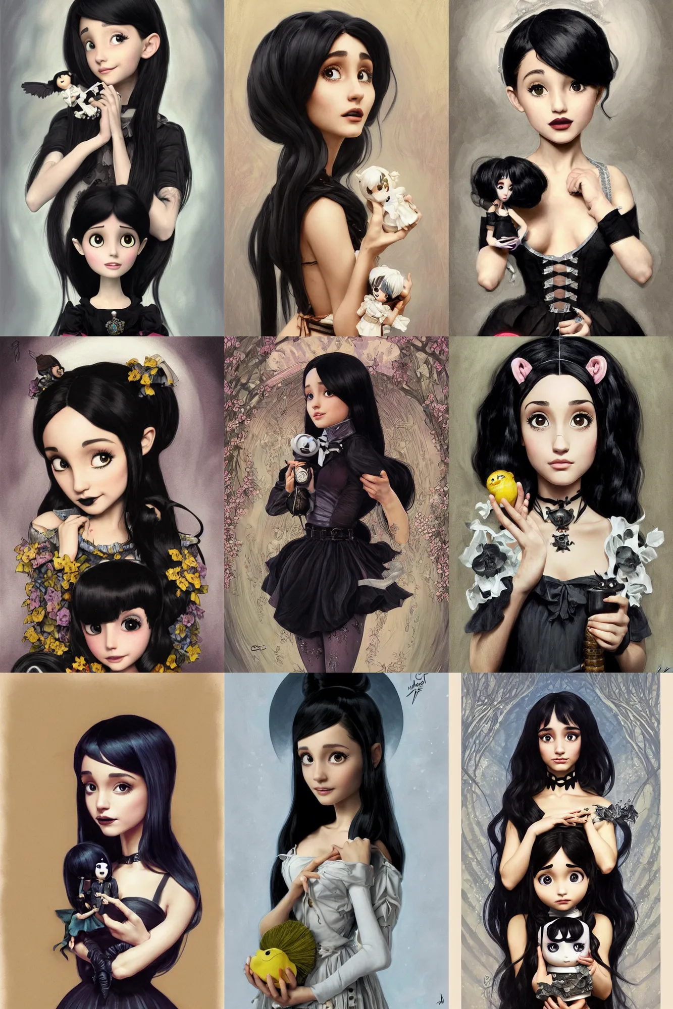 Prompt: beautiful cottagecore Ariana Grande holding a Coraline doll, Black Hair, Goth, intricate, elegant, highly detailed, digital painting, artstation, concept art, smooth, sharp, focus, illustration, art by artgerm and greg rutkowski and alphonse mucha