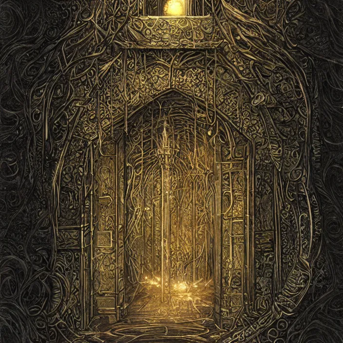 Image similar to ominous mysterious dark etherial gate in the void, midnight, quiet and serene, deviantart, hall of mirrors, official art, concept art, intricate high detail masterpiece