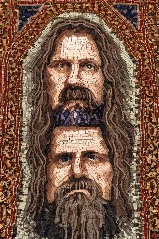 Image similar to intricate and beautifully arranged roman mosaic portrait of the dude from the big Lebowski in the style of a Persian carpet, 8k