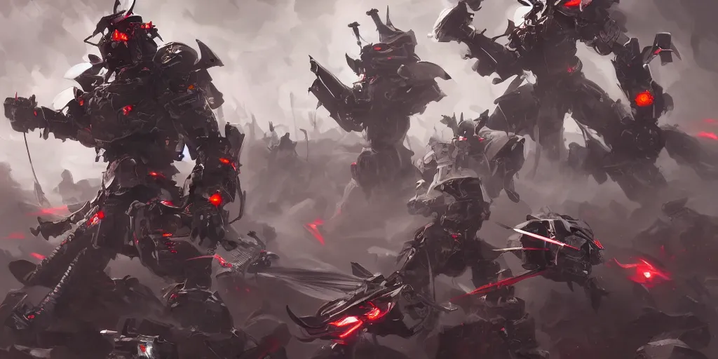 Prompt: futuristic samurai fighting a horde of evil robots, sci-fi, concept art, digital painting, trending on arstation, 8k UHD