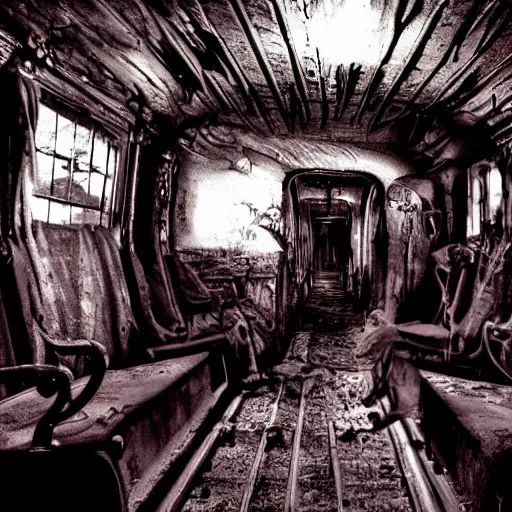 Prompt: inside the ghost train, ghosts and creatures in darkness, hd,