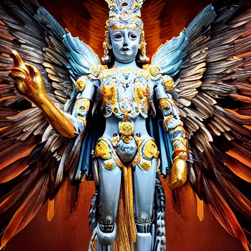 Image similar to UHD candid photo of a robot Angel Vishnu, UHD, photorealistic, real wings, correct face, photo by Annie Leibowitz