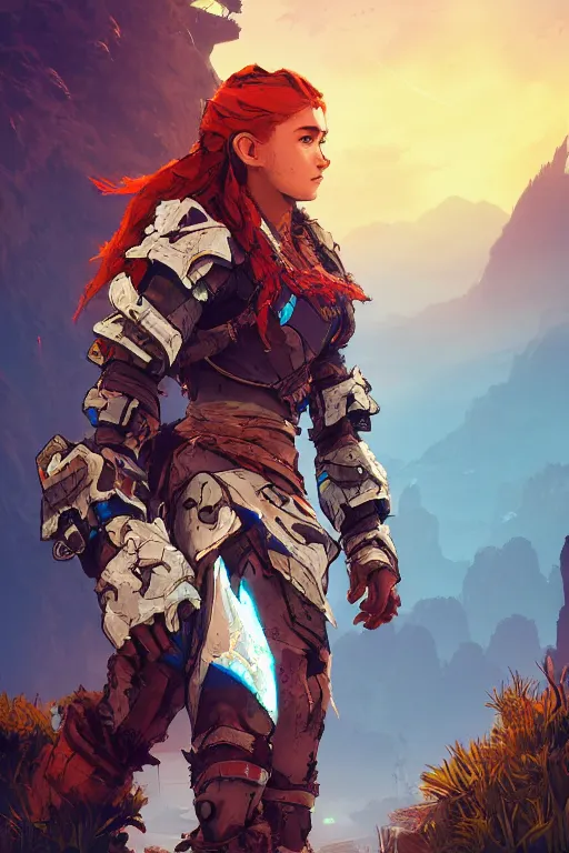 Image similar to combination suit armor aloy horizon forbidden west horizon zero dawn radiating a glowing aura global illumination ray tracing hdr fanart arstation by ian pesty and alena aenami artworks in 4 k tribal robot ninja mask helmet backpack