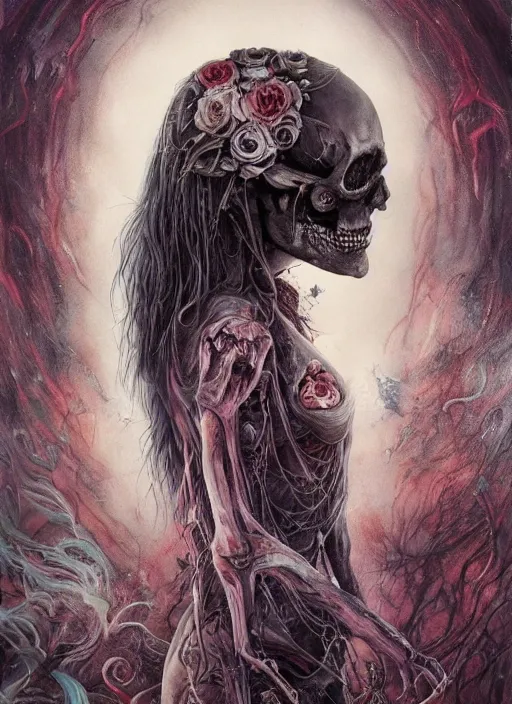 Prompt: alice's sister, death tarot card, highly detailed, half skull face, cinematic, 8 k, by megan duncanson, benjamin lacombe, adrian borda, stanley artgermm, tom bagshaw, craig mullins, carne griffiths, ayami kojima, beksinski, giger, trending on deviantart, hyper detailed, horror, full of colour