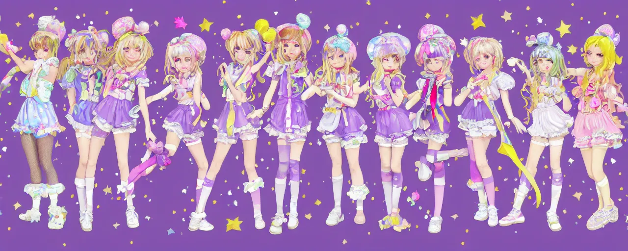 Prompt: A character sheet of full body cute magical girls with short blond hair wearing an oversized purple Beret, Purple overall shorts, Short Puffy pants made of silk, pointy jester shoes, a big billowy scarf, Golden Ribbon, and white leggings Covered in stars with Decora rainbow accessories all over. Short Hair. Flowing fabric. Ruffles and lace. Art by william-adolphe bouguereau and Paul Delaroche and Alexandre Cabanel and Lawrence Alma-Tadema and WLOP and Artgerm. baroque painting. Intricate, elegant, Highly Detailed. Smooth, Illustration Photo real. realistic. Hyper Realistic. Sunlit. Moonlight. Surrounded by clouds. 4K. UHD. Denoise.