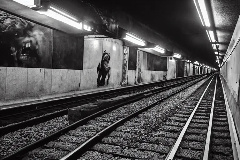 Prompt: very large giant mutant zombie irradiated rat sraying on railways in tonnel of moscow subway. extreme high detail. low dark light, scary atmosphere.