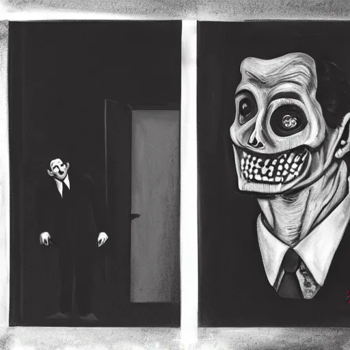 Image similar to Ted Cruz with a wide grin wielding a bloody hatchet peaking through a door in the distance at the end of a narrow corridor, black and white, creepy lighting, scary, horror, ornate, eerie, fear, oil painting